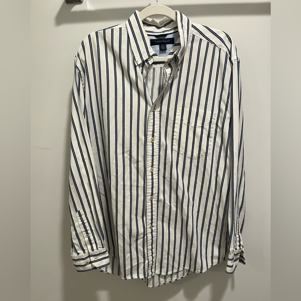 Tommy Hilfiger Mens Button Down Shirt Long Sleeve Vertical Striped White/Navy